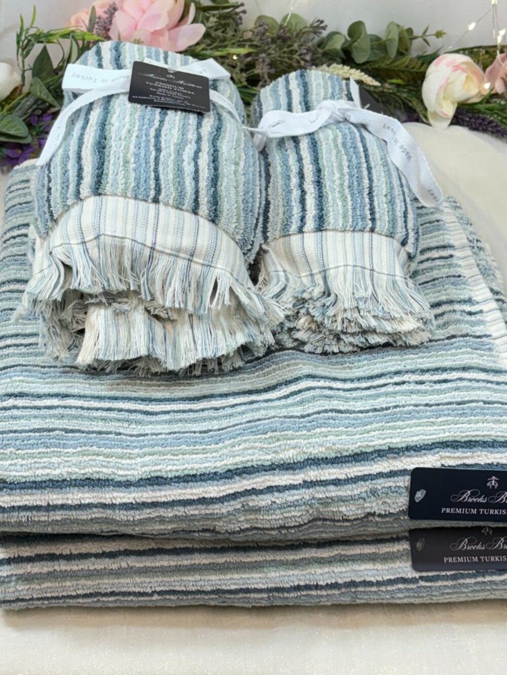 6pc BROOKS BROTHERS Premium Turkish Towel Set Striped Aqua Green Ombre New